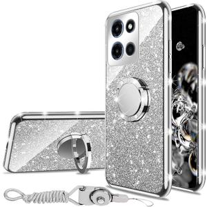 for Moto G Stylus 5G 2026/Motorola G Stylus 5G 2025/Edge 60 Stylus Phone Case (6.7-inch) with Ring Stand Lanyard Girls Women Men Cute Glitter Soft TPU Shockproof Protection Cover - Silver