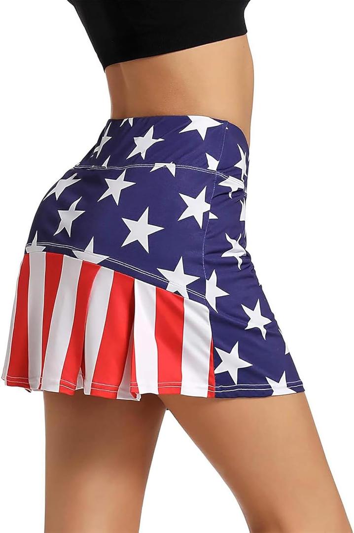 Ibeauti Womens Back Pleated Athletic Tennis Skorts Golf Skirts with 3 Pockets Mesh Shorts for Running Active Workout (Small, Usa Flag)