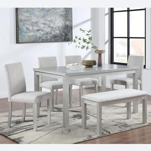 Ball & Cast 6 Piece Dining Table Set,Kitchen Table Set for 6 W/ 58.5" Rectangular Wooden Dining Table,Living Room Furniture W/ 4 Upholstered Chairs & 1 Bench,for Dining Room,Kitchen,Silver Grey