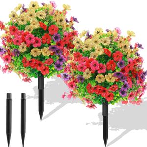 Hotop 2 Pack 22" Artificial Boxwood Ball Topiary Flower Trees with Ground Spike, UV Resistant Weatherproof Faux Floral Shrubs for Outdoor Garden Patio Porch Indoor Home Decor(4 Colors)