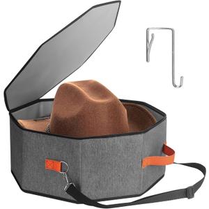 kushon Hat Storage Box for Women & Men, Hardboard Support Cowboy Hat Boxes with 1 Door Hook Hat Organizer for Travel(Grey)
