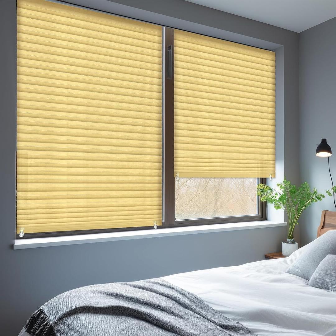 Threehoney 2 Pcs 35 x 110 inches Temporary Blinds No Tools Cut to Size Fabric Paper Shades Adhesive Privacy Blinds for French Door Sliding Door Window Light Filtering Pleated Shades (Beige)