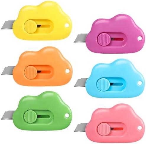 Cloud Box Cutter Retractable, 6Pcs Mini Utility Knife Letter Opener Envelope Slitter, Small Package Opener Paper Cutters with Keychain Hole for Office Home School Stationery DIY Crafts Rainbow Color Pack Of 2