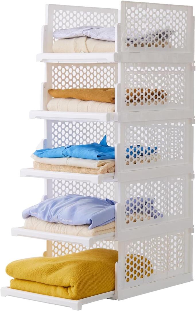 Pullout Plastic Storage Basket,Stackable Closet Organizers Drawer AntiTipping, Reinforced Stable Shelf Container for Bathroom Laundry Room Storage, SpaceSaving Clothes Storage (White, 5L)