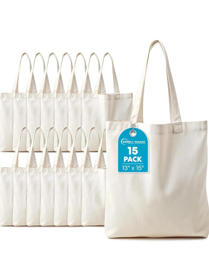 Simpli-Magic Canvas Tote Bags, 13"x15", Natural,15 pack Simpli-Magic Canvas Tote Bags, 13"x15", Natural,15 pack