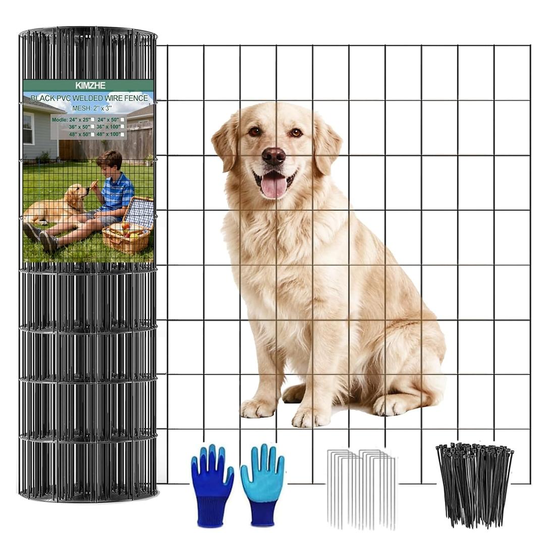 Welded Wire Fence 24inch x 50ft, 2inch x 3inch Black Chicken Wire Fencing, 16Gauge PVC Coated Garden Wire Fence Rolls, Anti-Rust Metal Fencing for Yard Plant Protection Poultry Netting