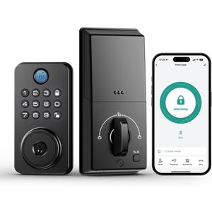 Fingerprint Door Lock with Handle, Smart Keyless Entry Door Lock with App, Stores 50 Fingerprints and 50 User Codes, IP65 Weatherproof Keypad Deadbolt for Front & Interior Doors, Auto-Lock, Black