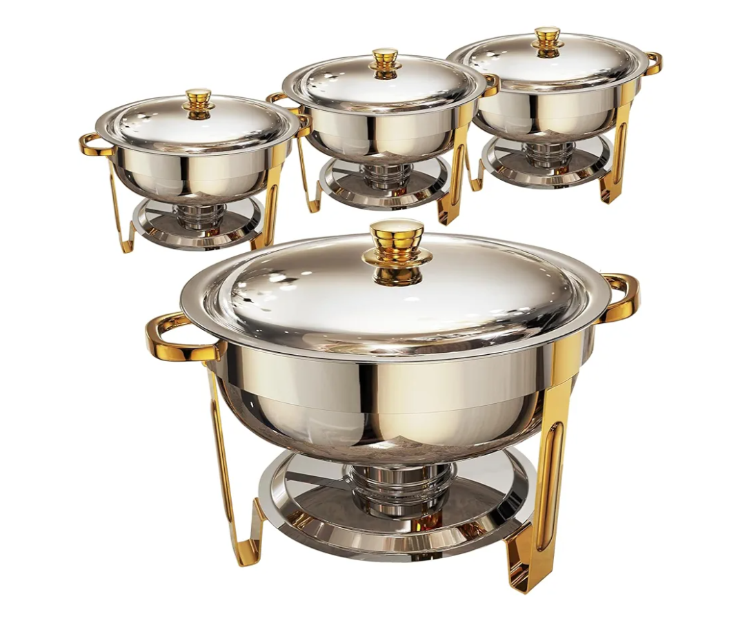 Chafing Dishes for Buffet 4 Pack, 6QT Round Chafing Dish Buffet Set Stainless Steel Buffet Food Warmers Sets for Catering Events Parties Dinners with Complete Set,Gold and Silver