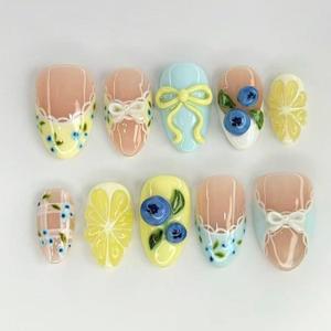 Short Almond Press on Nails Summer Fruit Fake Nails with 3D Lemon Blueberry Bow Designs Cute Press Ons French Tip False Nails Glossy Acrylic Artificial Full Cover Glue on Nails for Women DIY