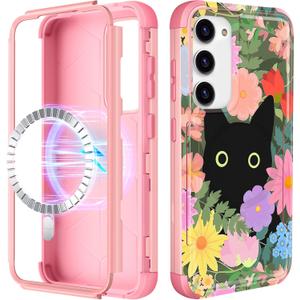 for Samsung Galaxy S24 Plus/S25 Plus Case - [Compatible with MagSafe] Women Girls Cute Magnetic Phone Cover Cat Flower Fashion Heavy Duty Shockproof Funda for Samsung S25+ Plus/S24+ Plus Cases
