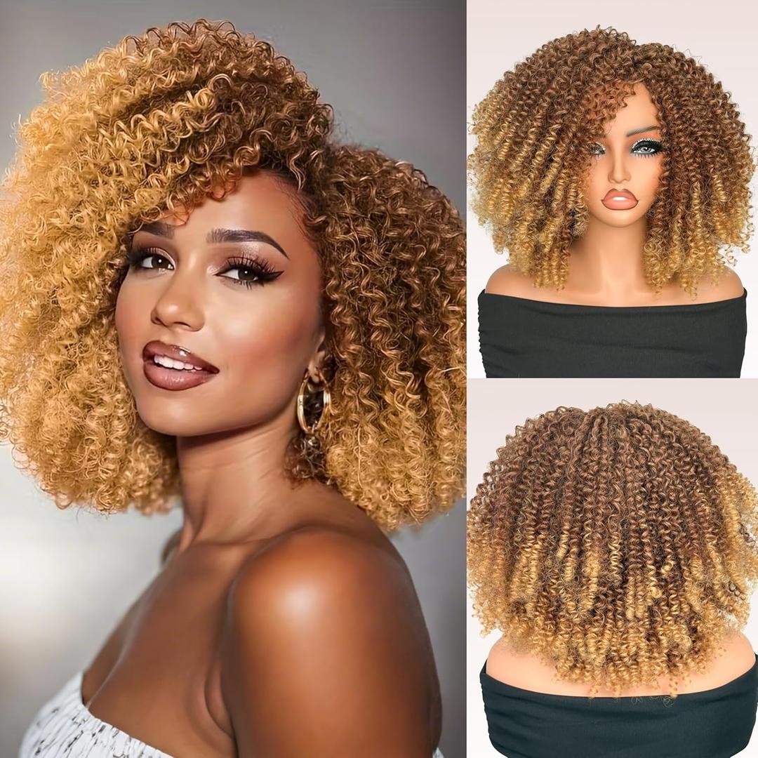 Short Kinky Curly Side Part Synthetic Wigs for Black Women Afro Curly Natural Hair Wigs Heat Resistant Natural Looking,Suitable for Daily Party and Holiday(Brown to Blonde Ombre