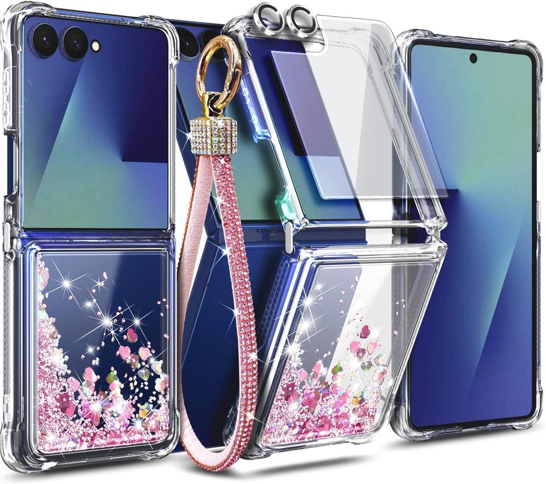 NGB Designed for Samsung Galaxy-Z-Flip-7 Case, Rose Gold | Glitter Liquid Sparkle Cute Cover for Women Girls | with Tempered Glass Screen Protector & Camera Lens Protector & Diamond Wrist Strap