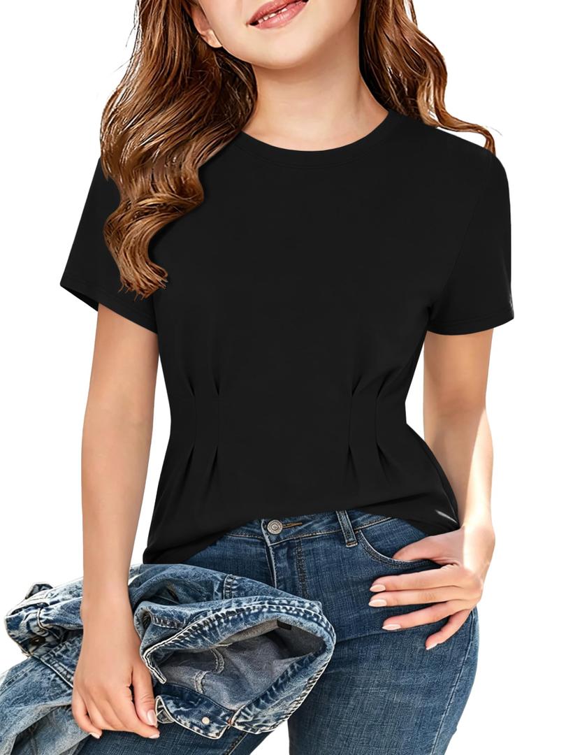 ZDC Girls Pleated Short Sleeve T Shirts Summer Crewneck Tops Casual Cute Basic Tees 5-14 Years Black