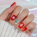Christmas Press on Nails Short, Jofay Fashion Red Press on Nails, Fake Nails with Snowman, Xmas Tree and Elk Designs, Reusable Acrylic Cat Eye False Nails Glue on Nails Kit 32 Pcs
