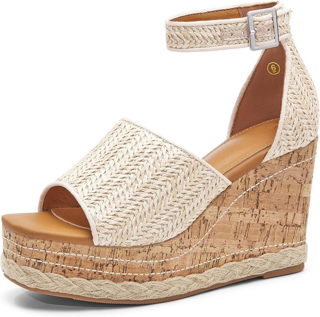 Women's Wedge Platform Espadrille Sandals Braided Open Square Toe Ankle Buckle Strappy Cork Sole Summer Shoes