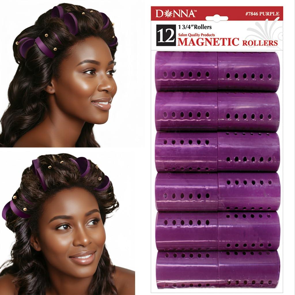 DONNA Rollers 1.75  12-Pack Plastic Hair Rollers for Heatless Styling, Large Snap-On Curlers for Smooth Curls & Volume, Reusable Clip-Style Rollers for Women, Durable Salon Hair Rollers, Purple