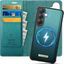 Wallet Case for Samsung Galaxy S25 Compatible with Magsafe, 2-in-1 PU Leather Flip RFID Blocking Card Holder Stand Shockproof Magnetic Detachable Cover for Galaxy S25 Case 6.2", Bluegreen