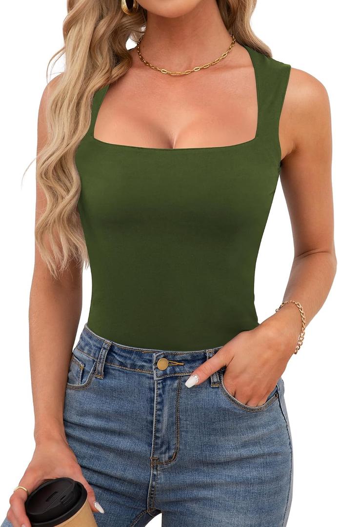 OwnTime Womens Square Neck Tank Tops Dressy Summer Sleeveless Shirts Sexy Going Out Fitted Trendy Tops T Shirts Blouses (M)