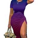 Pack of 2, GOKATOSAU Women's Sexy Bodycon Short Sleeve Slit Ruched Summer Club Party Midi Dress Multicolor, M