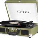 Victrola Journey Bluetooth Portable Suitcase Record Player  with Built-in Speakers, 3 Speed Vinyl Record Player, RCA Out, Headphone Jack (Green Olive)