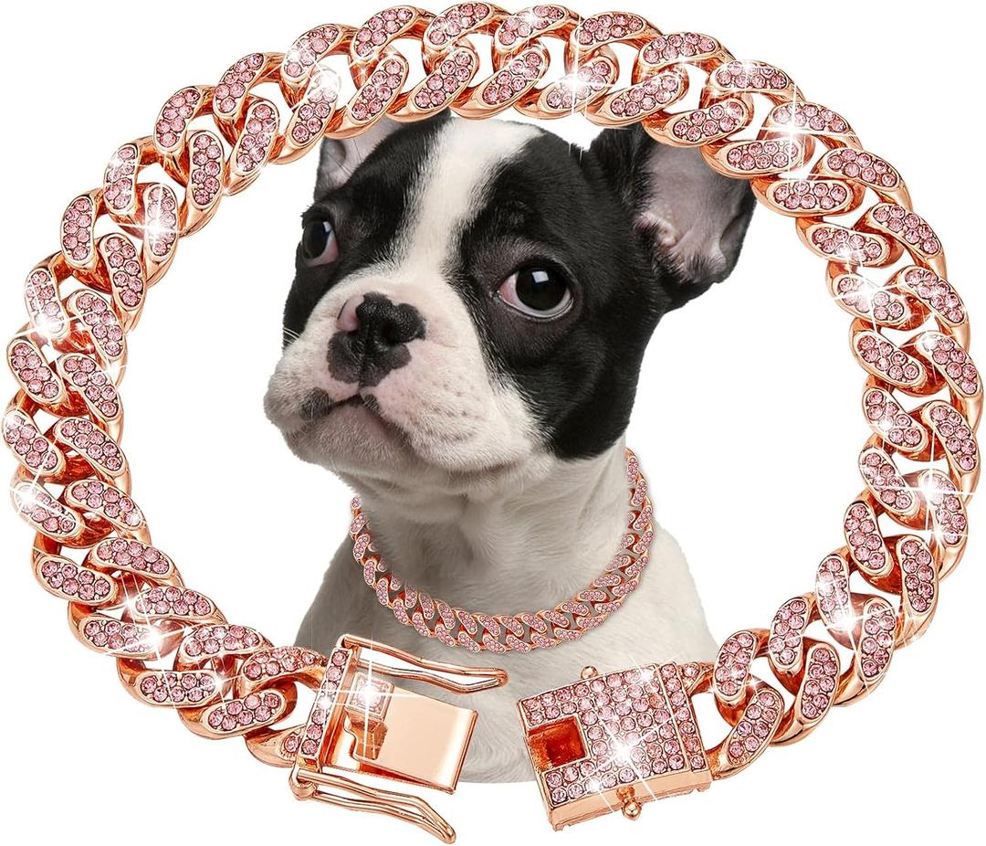 Rosegold Dog Chain Collar Diamond Cuban Link Dog Collar 13mm Wide Dog Necklace Metal Cat Chain Pet Crystal Collar Jewelry Accessories for Small Medium Large Dogs Cats(22inch)