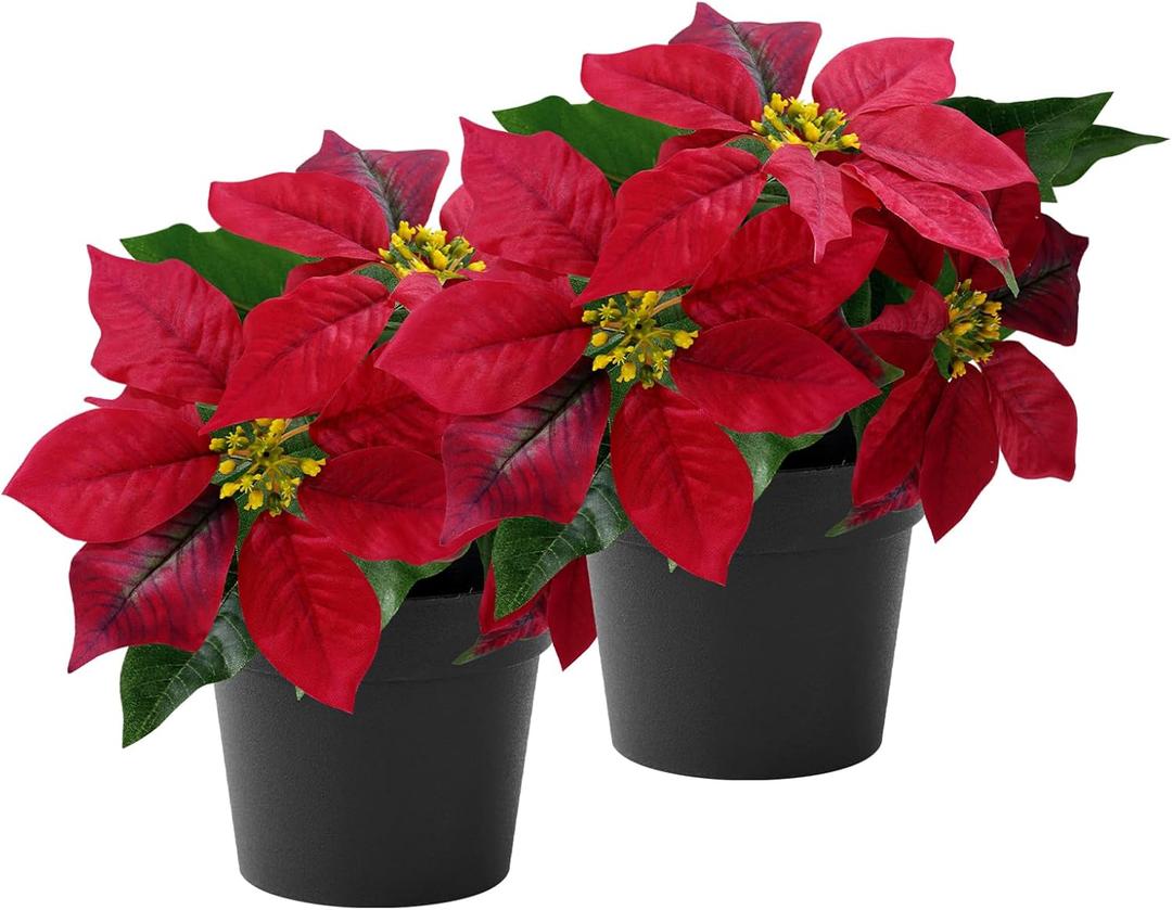 2 Pack Poinsettias Artificial Christmas Flowers Small Red Poinsettia Plant Artificial 9 Inch Faux Winter Flowers for Porch Home Garden Decorations Indoor Outdoor Xmas Ornament