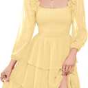 Byinns Women's Smocked Ruffle Mini Dress Square Neck Long Sleeve Party Dress Cute Cottagecore Wedding Guest Dress 2026 Trendy (Yellow, XL)