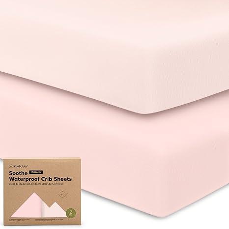 2-Pack Waterproof Crib Sheets for Boys, Girls - 52x28 Fitted Organic Cotton Baby Crib Sheets, Toddler Mattress Protector Cover, Washable, Soft & Durable Baby Bedding Essentials (Mist Rose)