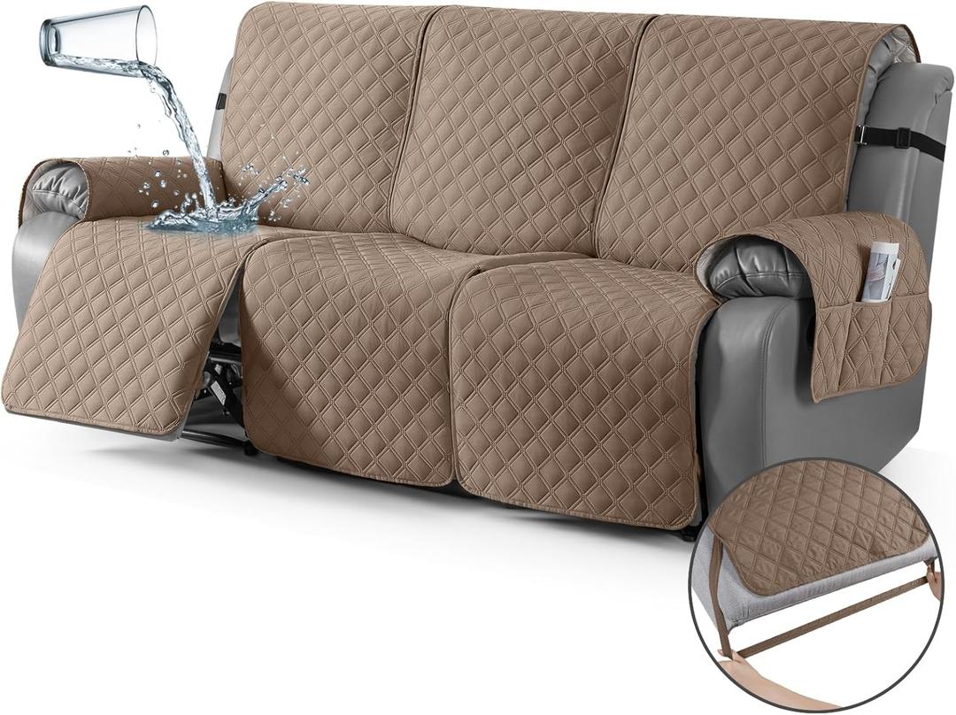 TAOCOCO 100% Waterproof Recliner Couch Covers, Recliner Sofa Covers with Leg Straps, 1-Piece Washable Reclining Sofa Cover with Pocket Couch Protector for Pets Kids(3 Seater, Khaki)