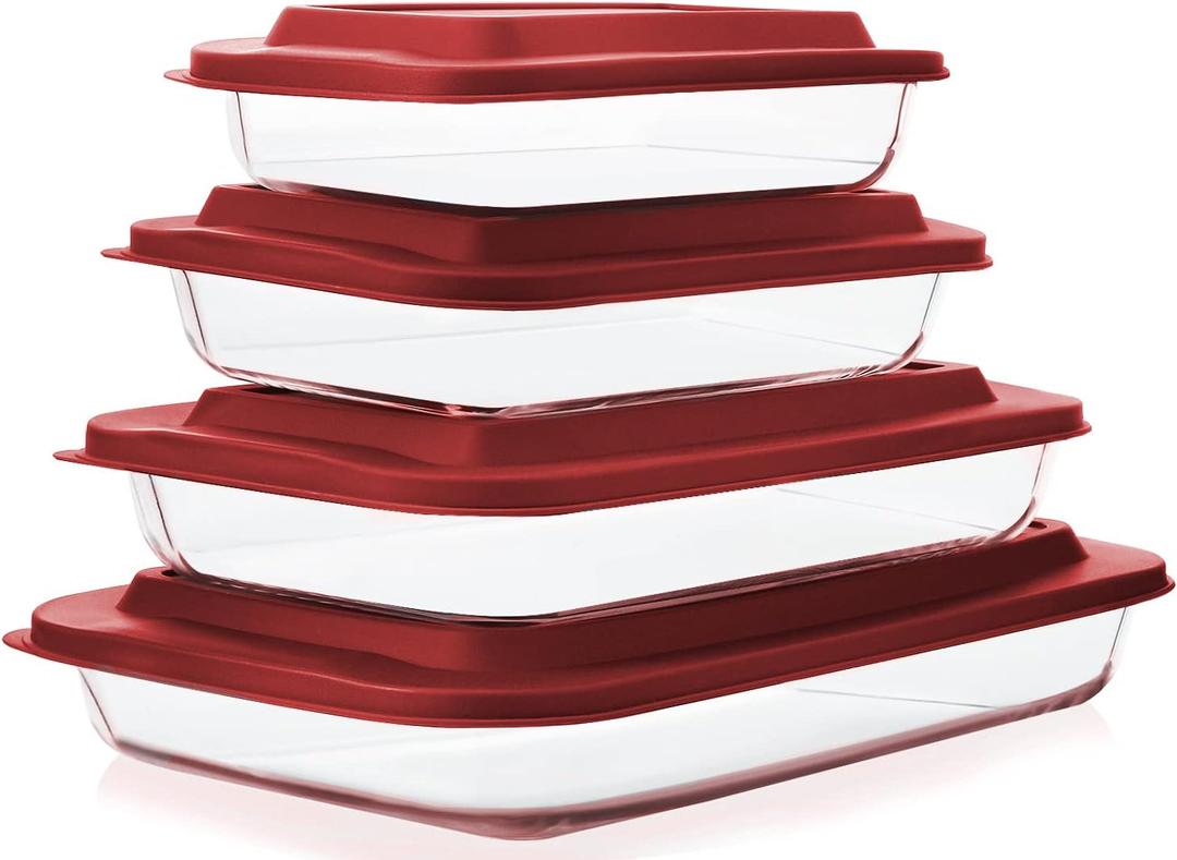 8-Piece Deep Glass Baking Dish Set with Plastic lids, Rectangular Glass Bakeware Set with Lids, Baking Pans for Lasagna, Leftovers, Cooking, Kitchen, Freezer-to-Oven and Dishwasher, Red