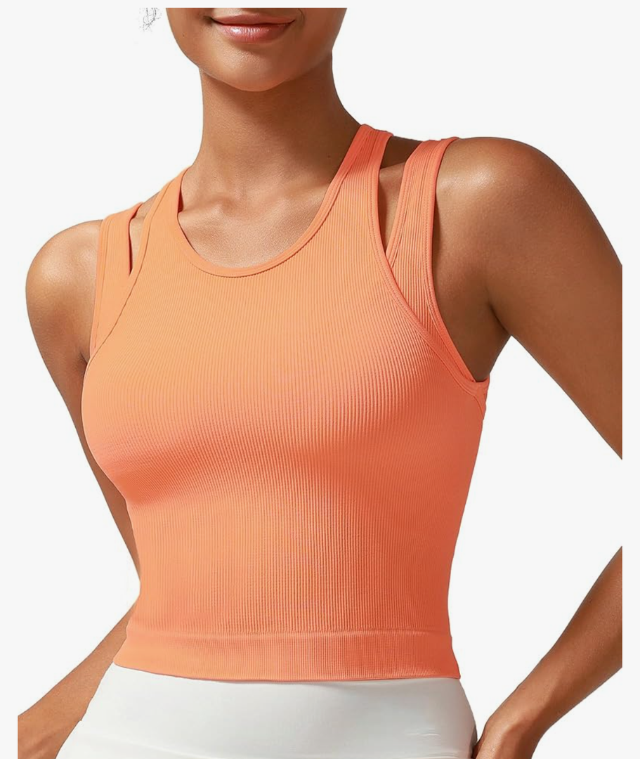 RUNNING GIRL Sports Bras for Women High Impact Seamless Ribbed Longline High Neck Workout Crop Tank Tops Padded, Size XL