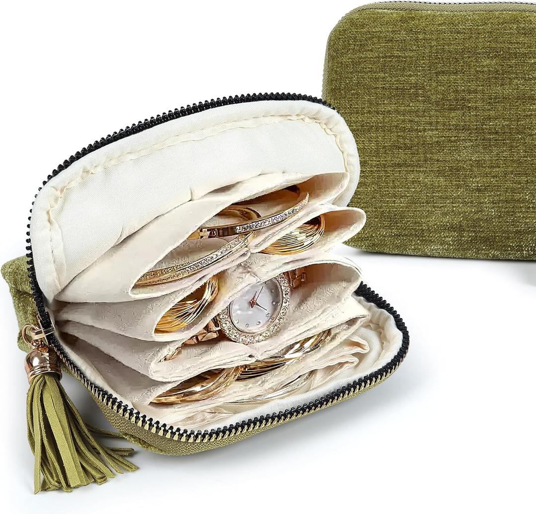 LOTOFUN Jewelry Organizer Case for Travel: 5-Layer Velvet Zipper Pouch Bag for Bangles Link Bracelets Storage Protect from Tangle Scratch (Avocado Green)
