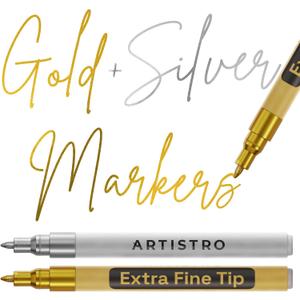 ARTISTRO 2 Gold & Silver Acrylic Paint Markers - 0.7mm Extra Fine-Tip Metallic Paint Pens - Perfect for Crafting, Art Projects, & More