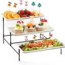Lifewit 3 Tier Plastic Serving Tray for Party Supplies, 12" x 6.5" Crack-Proof Platters for Serving Food, White Reusable Trays with Black Metal Display Stand for Veggie, Fruit, Cookies, Dessert (19.5" x 12" x 8.3")