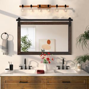 COGOOD Farmhouse Bathroom Mirror - 49" x 30" Rustic Barn Door Mirror for Living Room, Entryway, Bedroom, Vanity Wall Decor (Black Brown)