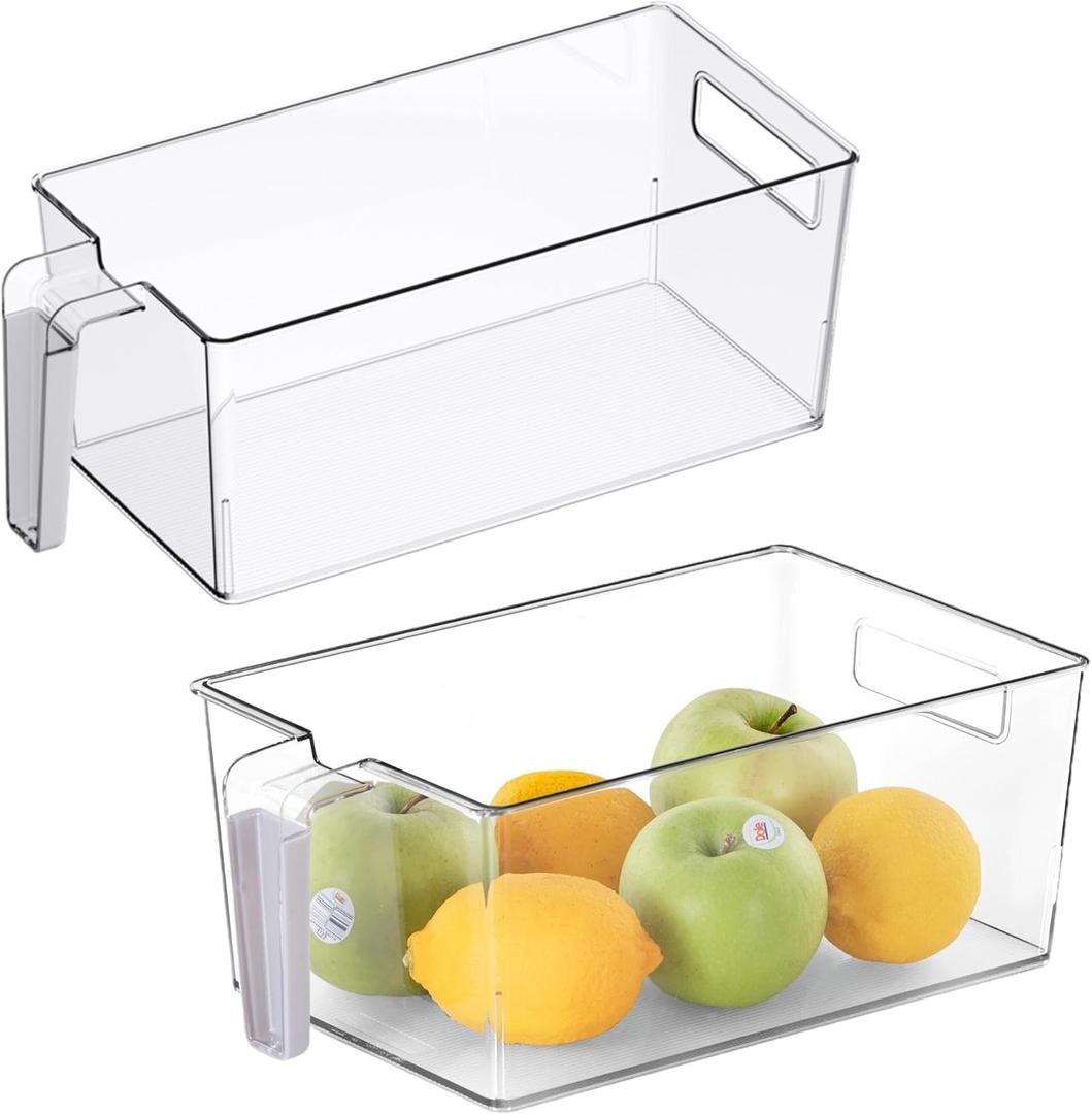 vacane 2 Pack Refrigerator Organizer Bins with Silicone Handle,Plastic Pantry Organization and Storage,BPA-Free Multi-Use Organizer Bins,Kitchen Containers for Fruit,Vegetable