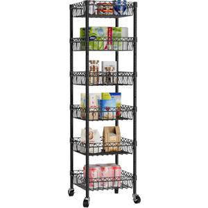 Golpart 6 Shelves Storage Shelf Wire Closet Bathroom Organizers Metal Pantry Kitchen Garage Shelving Unit Laundry Room Organization Home Rack Net Basket Black with Wheels 14" Dx14 Wx64.8 H