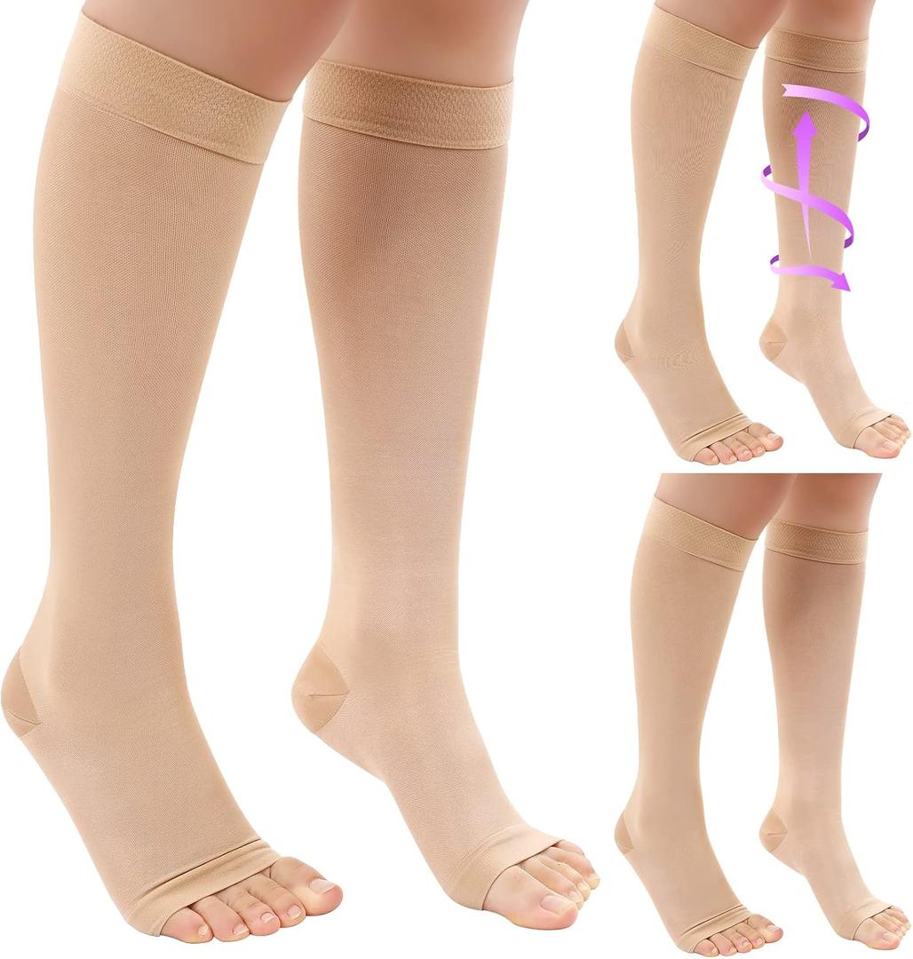 Shellwei 3 Pairs Sheer Compression Socks for Women 20-30mmHg Open Toe Support, Toeless Support Knee High Stockings(Large)