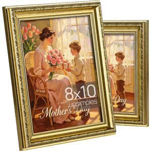 upsimples 8x10 Picture Frame with Real Glass, Ornate Vintage 8 x 10 Photo Frames for Wall Decor or Tabletop Display, Gold, 2 Pack