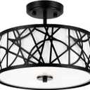 EdwarmLux 3-Light Semi Flush Mount Ceiling Light, 12.6" Drum Light with White Fabric Shade, Modern Close to Ceiling Lamp for Living Room Bedroom Dining Kitchen Hallway Entry Foyer (Matt Black)