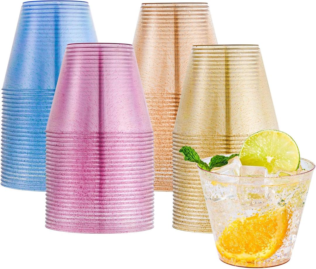 JOLLY CHEF 100 Pack 9 oz Plastic Cups, Disposable Party Cups in Assorted Colors, Plastic Glasses with 4 Colors Perfect for Wedding, Thanksgiving Day, Christmas (Multicolor)
