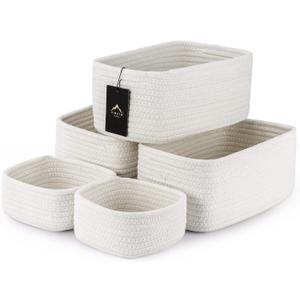 5-Pack Small Woven Rope Storage Baskets  2 Sizes Organizer Bins for Closet, Shelf, Bookshelf, Nursery, Changing Table, Fabric Cube Boxes, Rectangular Shallow Bins for Bathroom, Toy & Home (11.81*7.48*4.72'' & 5.91*5.91*2.56'', White)
