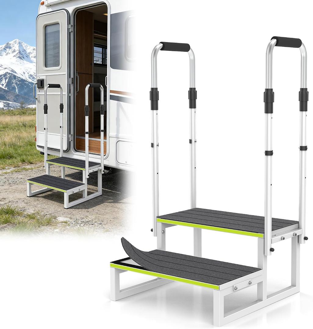 RV Step Stool with Handrails, 2 Step Stool with 2 Handrails, Wide Platform & Anti-Slip Mats, Portable Stairs for Hot Tub/Camper/Mobile Home/Porch/SPA Pool/Pet Stairs