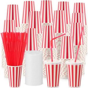 Fullhawl 150 Set Red Disposable Paper Cups with Lids and Straws for Christmas Circus Carnival Party 12 oz Disposable Drinking Paper Cups Holiday Birthday Supplies for Coffee Juice (Stripe)