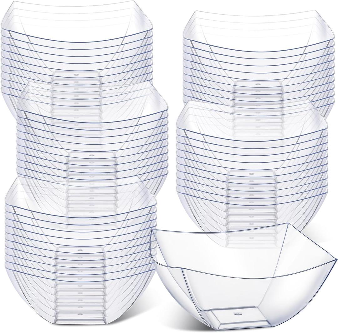 Tanlade 50 Pcs Clear Serving Bowls 8 oz Square Plastic Bowls Disposable Snack Salad Dishes Small Party Candy Bar Containers Taco Bar Serving Dishes for Buffet Chips Fruit