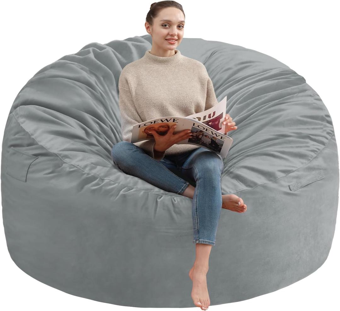 SIMFLAG 5FT Bean Bag Chair, Large Bean Bag Chairs with Memory Foam Filled, Fluffy Beanbag Sofa with Dutch Velvet Cover, Round BeanBag Chairs for Living Room, Playroom - Light Grey (5FT- 50"x50"x24")