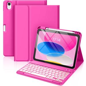 Hamile for iPad 11th 10th Generation Case with Keyboard - 7 Colors Backlit Wireless Detachable Folio Keyboard Cover with Pencil Holder for iPad 11-inch A16 2025 10th Gen 10.9 Inch 2022 (Hot Pink)