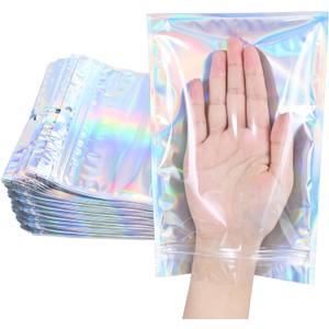 100 Pack Holographic Resealable Plastic Bags for Food Storage, Zipper Bags with Clear Front Window, Packaging Pouch for Small Business (100 Pack, 5.2x9.6 inch)
