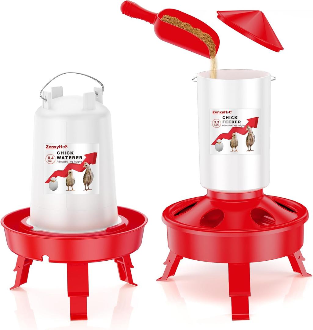 Chick Feeder and Waterer Kit, Top Fill 3.3LBS Feeder and 0.4Gal Waterer with Scoop and 3 Adjustable Heights Legs Red