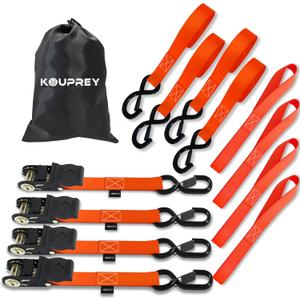 Ratchet Straps, Boat Tie Down Straps to Trailer, Motorcycle Straps, Kayak Tie Downs, 4-PK 1" x 15ft, 1800 LB Break Strength Safety Lock S Hooks & 4 Soft Loops-Secure, Rubber Coated Handle Orange